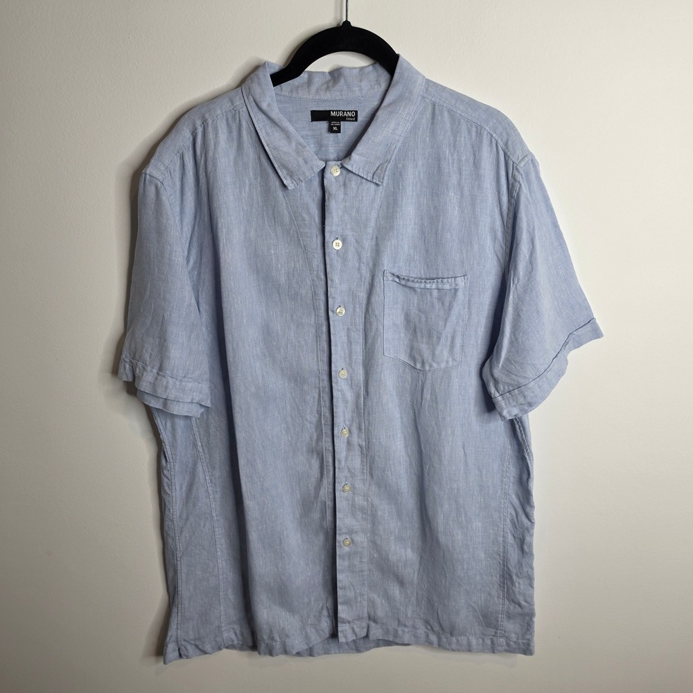 Murano Button Down Shirt Mens XL Blue Fitted 100% Linen Short Sleeve